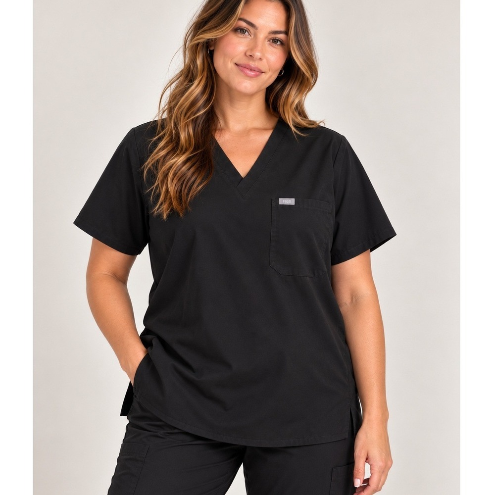 FIGS Catarina One-Pocket Scrub Top Black V-Neck Medical Uniform Size Large